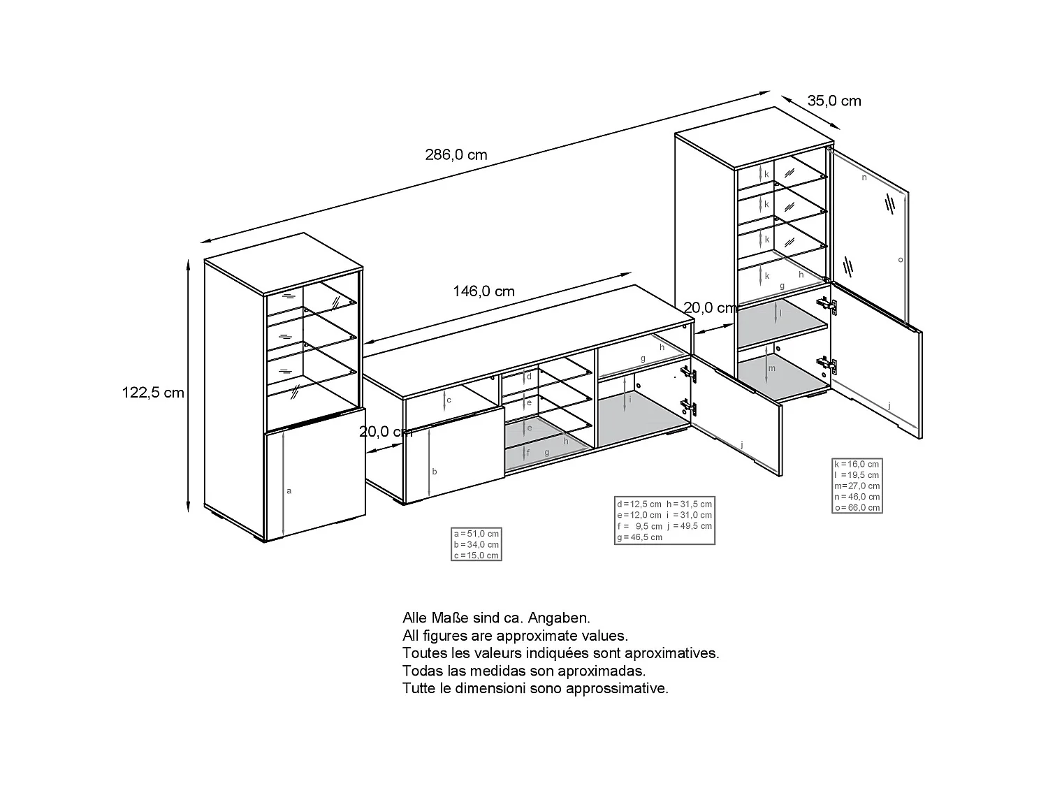 Ensemble mural Granada pour salon, comprenant 2 vitrines et 1 meuble TV, anthracite mat/blanc haute brillance (286 x 122,5 x 35 cm)