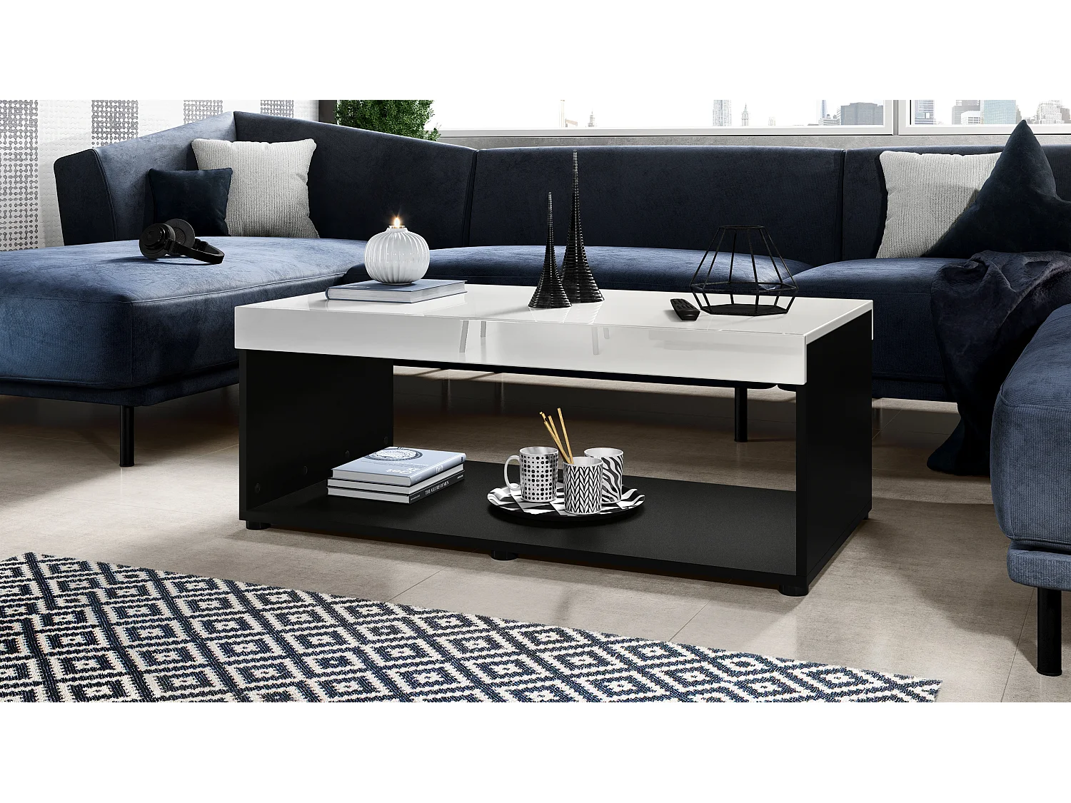 Tavolino  Pure, Tavolo da soggiorno a forma di scatola, nero opaco/bianco lucido (104 x 40,5 x 58 cm)