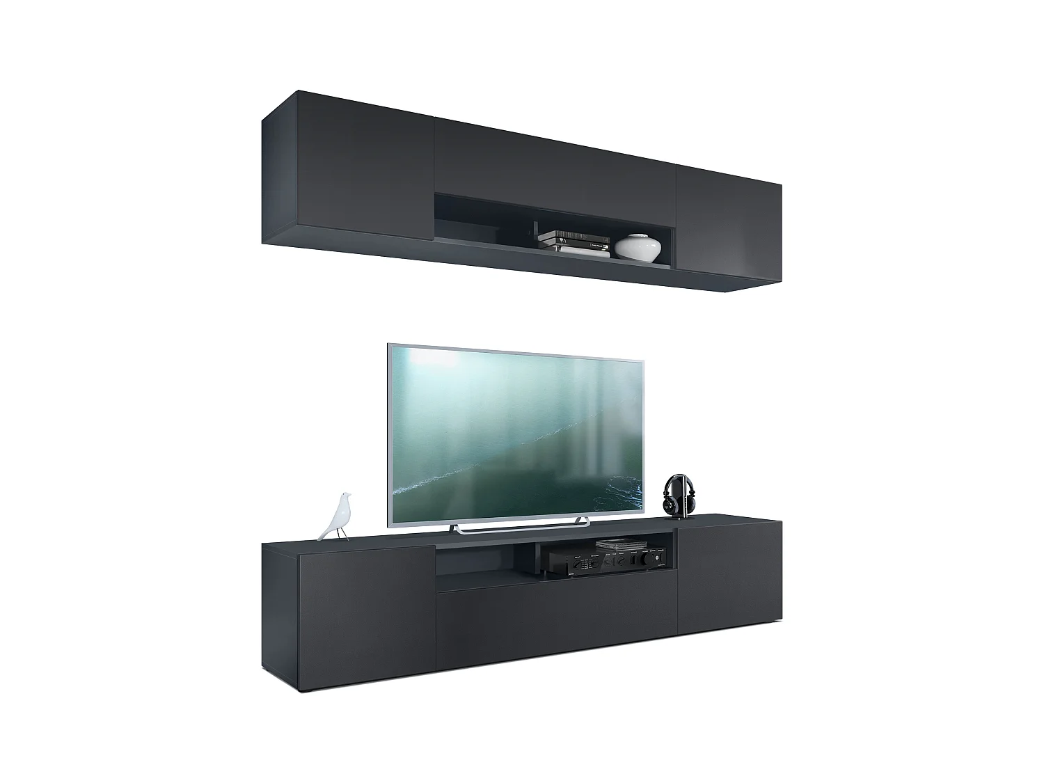 Mueble mural Mogan con dos elementos de 181 x 39 x 35 cm cada uno, mueble de salón colgante con 12 compartimentos, cuerpo en Anthracite mate, frentes en Negro mate