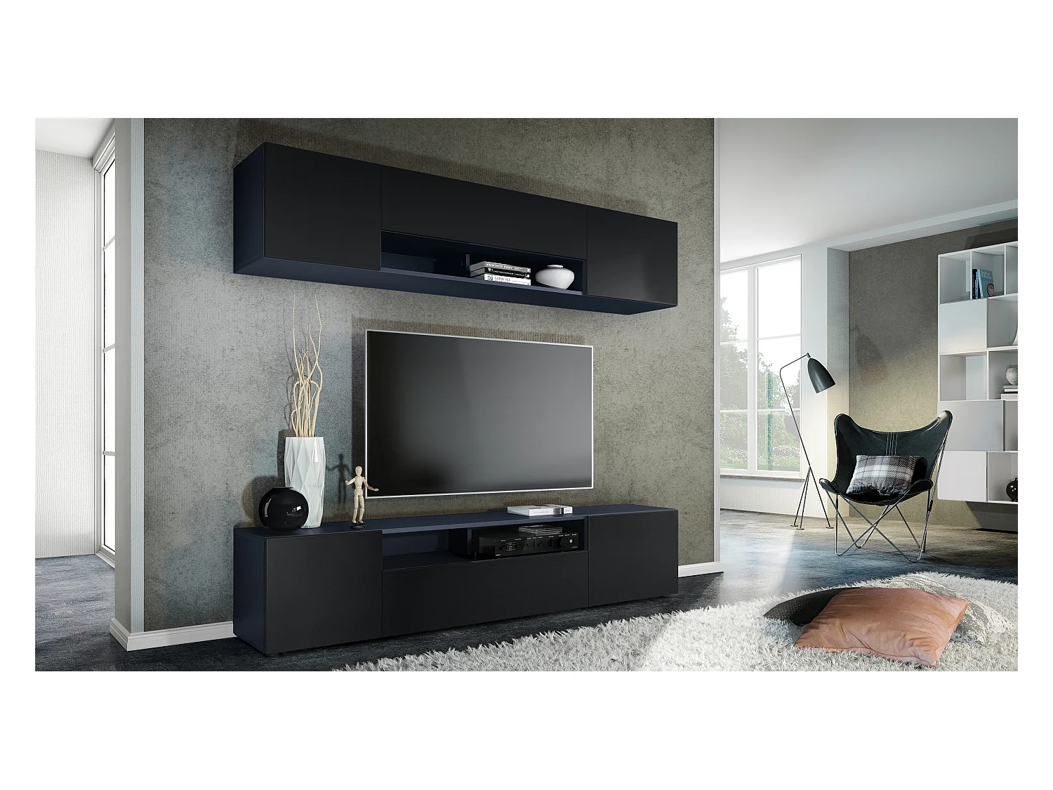 Mueble mural Mogan con dos elementos de 181 x 39 x 35 cm cada uno, mueble de salón colgante con 12 compartimentos, cuerpo en Anthracite mate, frentes en Negro mate