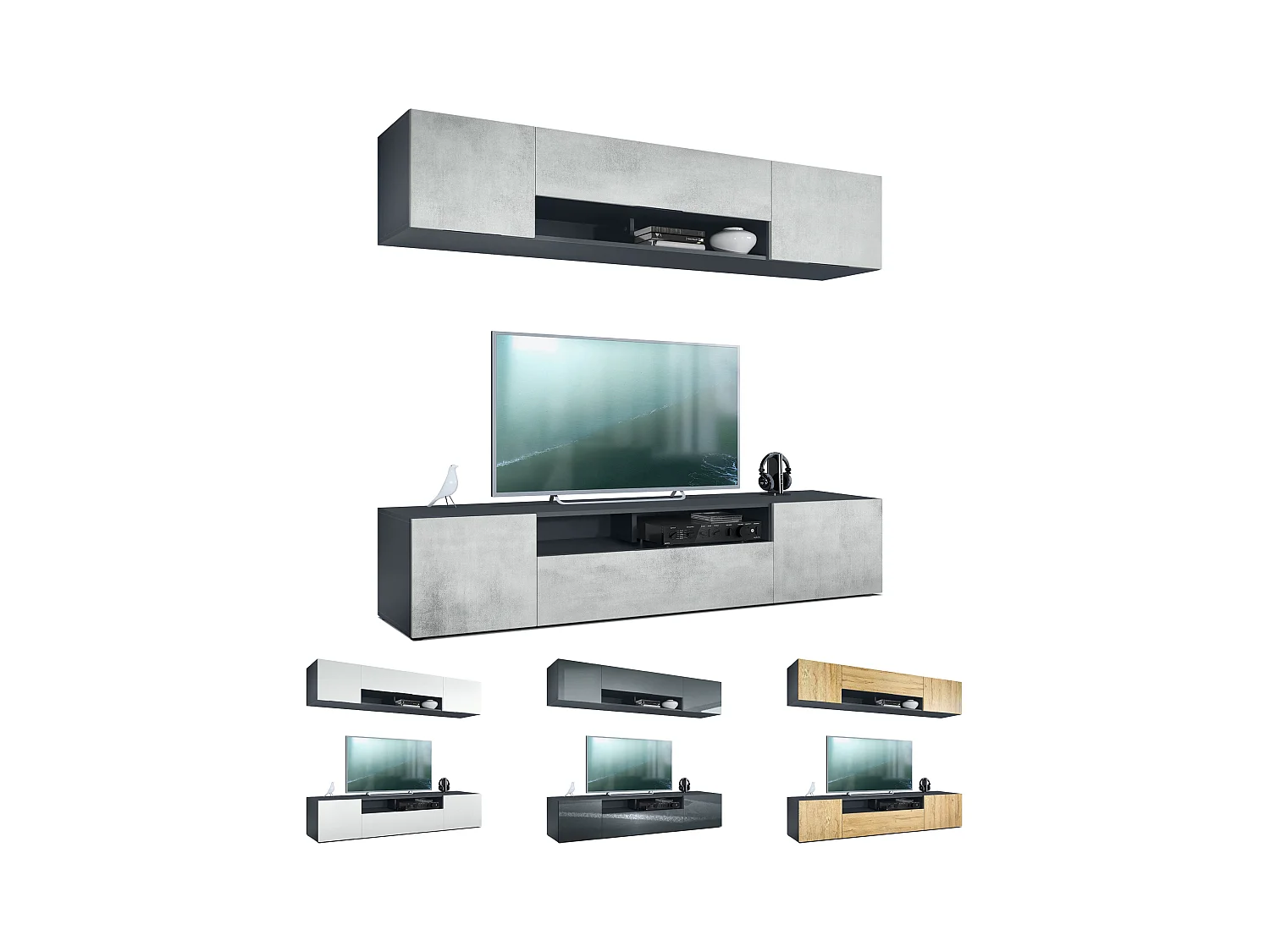 Mueble mural Mogan con dos elementos de 181 x 39 x 35 cm cada uno, mueble de salón colgante con 12 compartimentos, cuerpo en Anthracite mate, frentes en Negro mate