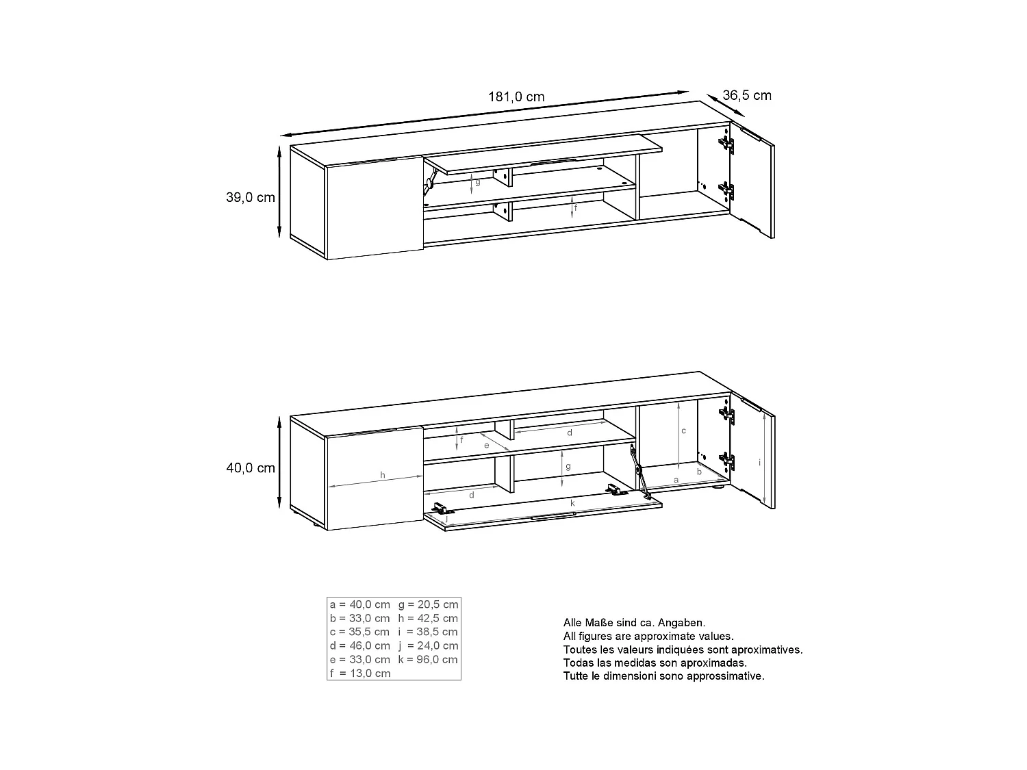 Mueble mural Mogan con dos elementos de 181 x 39 x 35 cm cada uno, mueble de salón colgante con 12 compartimentos, cuerpo en Anthracite mate, frentes en Negro mate