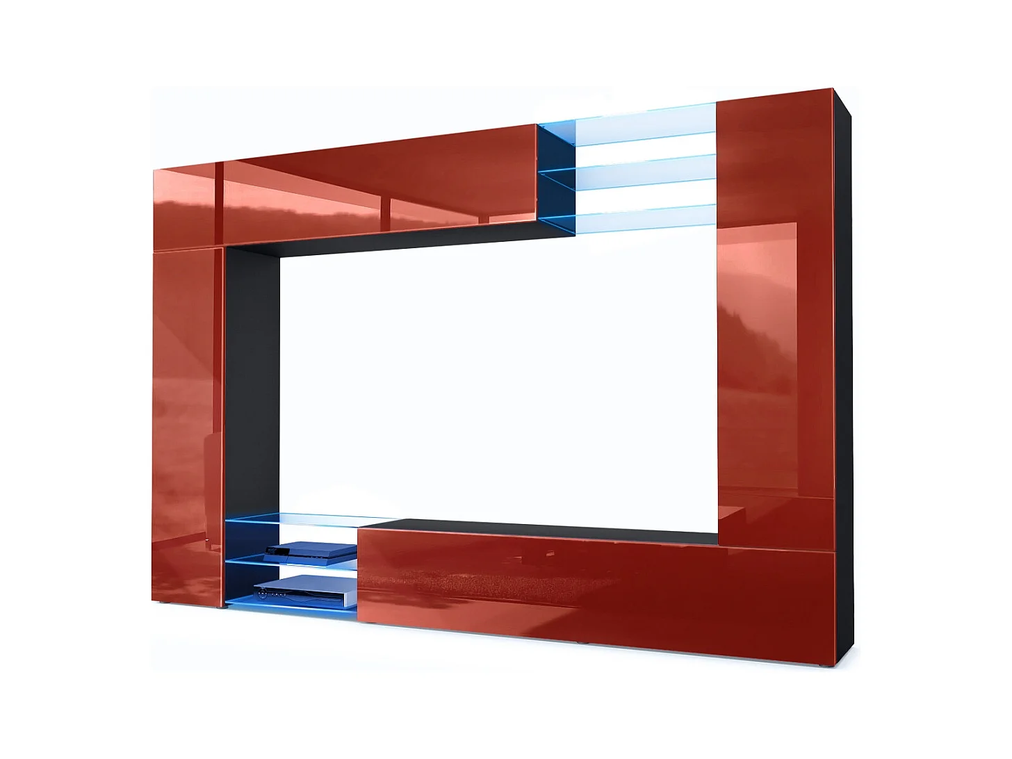 Meuble TV mural Mirage, Ensemble étagère TV et 2 portes, 2 clapets et 6 étagères en verre, Noir mat/Bordeaux brillant, LED incluse (262 x 183 x 39 cm)