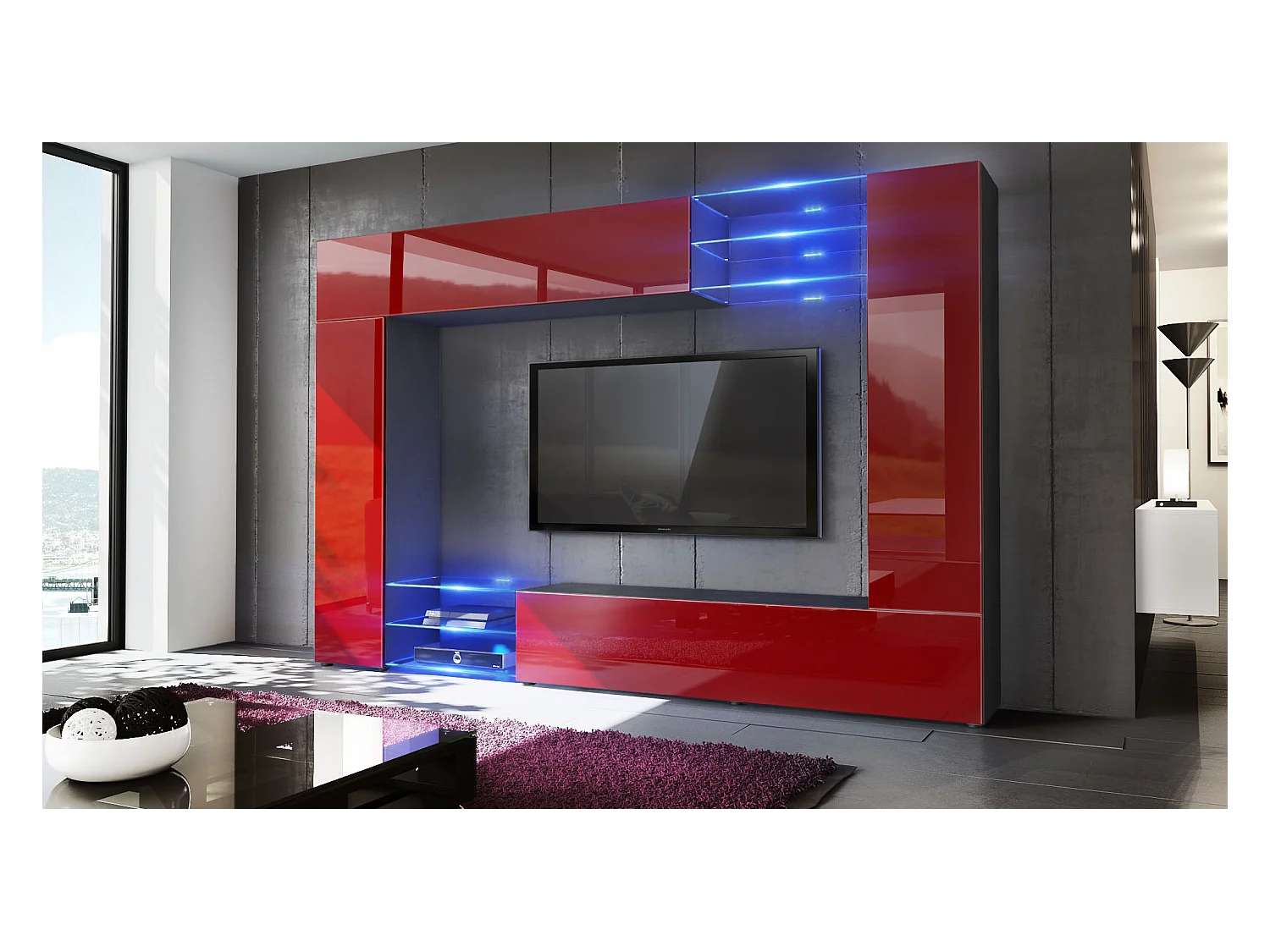 Meuble TV mural Mirage, Ensemble étagère TV et 2 portes, 2 clapets et 6 étagères en verre, Noir mat/Bordeaux brillant, LED incluse (262 x 183 x 39 cm)