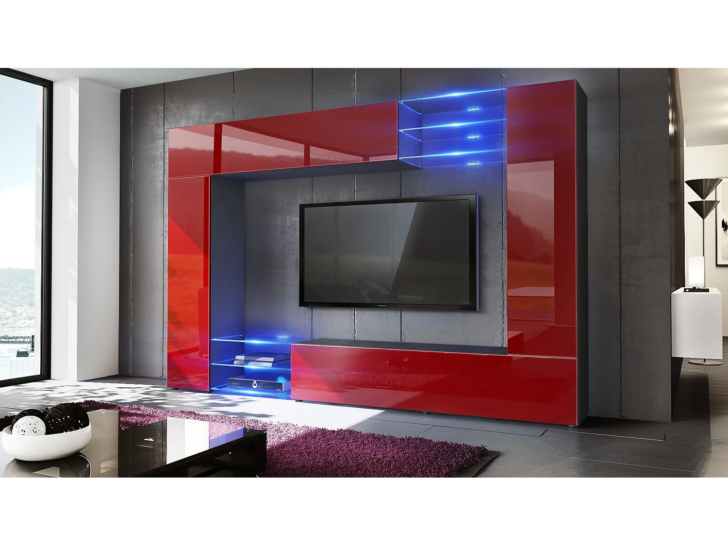 WOHNWAND Mirage Front in Bordeaux Hochglanz