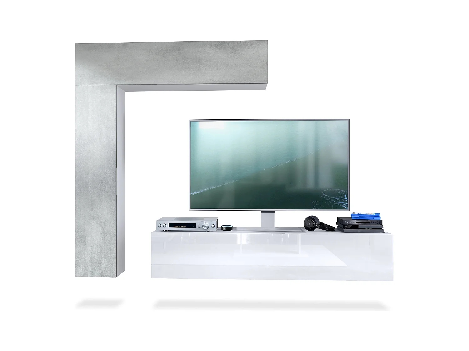 Meuble-paroi Taurito, blanc mat/aspect béton oxyde - Meuble-paroi moderne pour votre salon (320 x 182 x 39 cm)