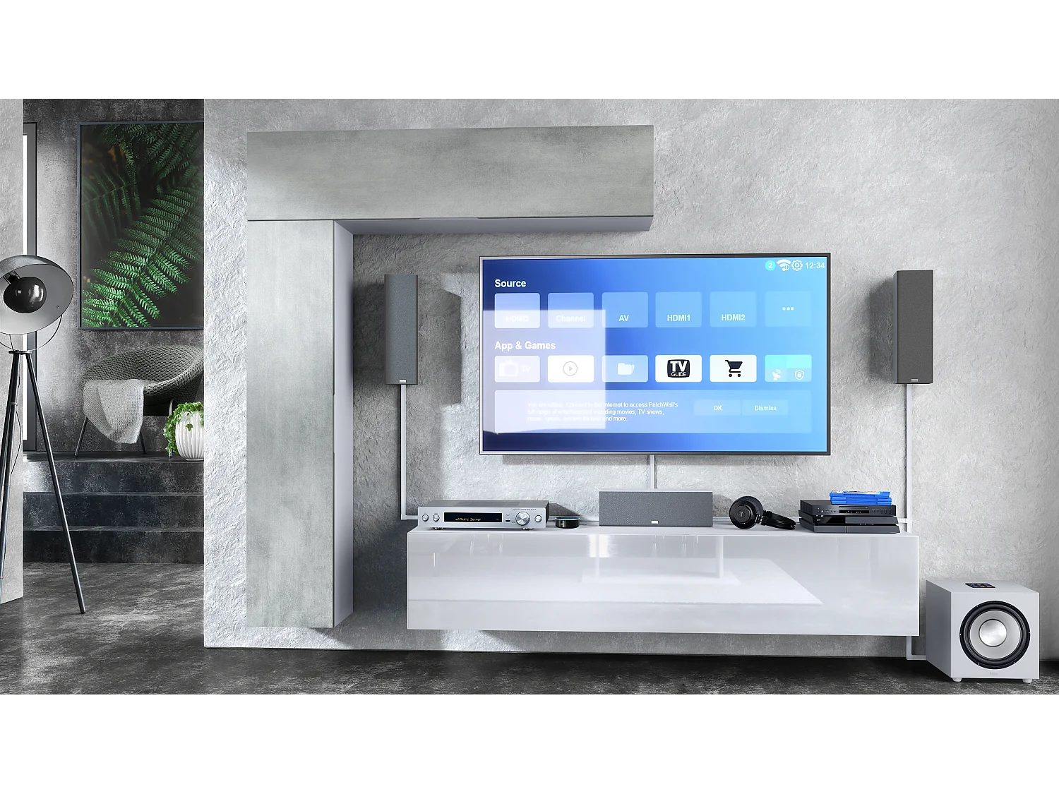 Vladon parete vivente Taurito, bianco opaco/ottica cermento ossido - Pensile moderno per il soggiorno (320 x 182 x 39 cm)