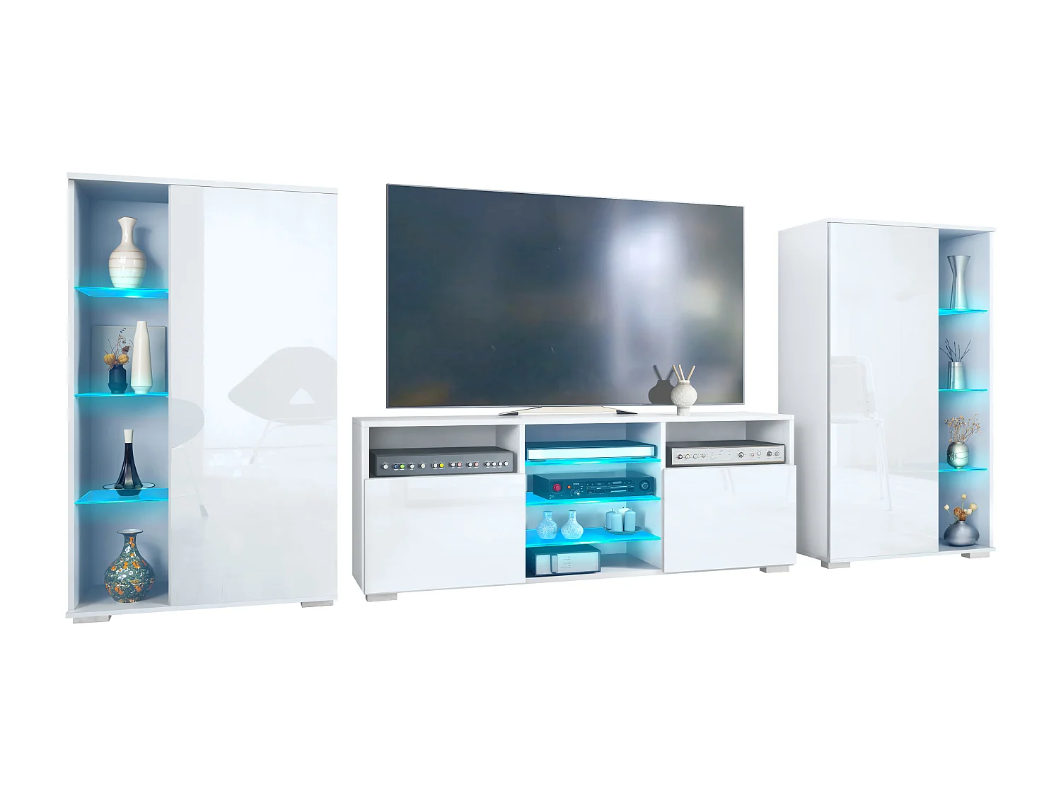 Mobile parete Davos per soggiorno, composto da 2 vetrine e 1 mobile TV, bianco opaco/bianco lucido incl. illuminazione a LED (329 x 134 x 35 cm)
