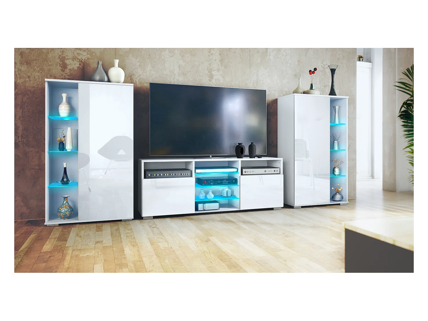 Mobile parete Davos per soggiorno, composto da 2 vetrine e 1 mobile TV, bianco opaco/bianco lucido incl. illuminazione a LED (329 x 134 x 35 cm)