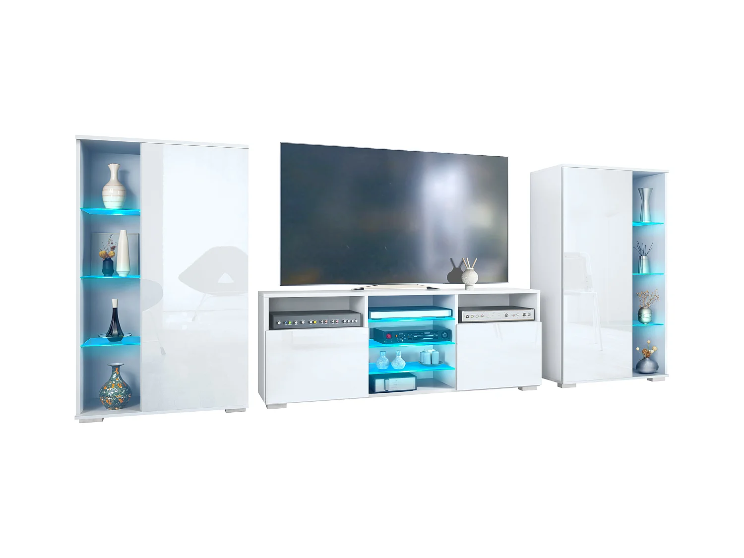 Ensemble mural Davos pour salon, comprenant 2 vitrines et 1 meuble TV, blanc mat/blanc haute brillance éclairage LED inclus (329 x 134 x 35 cm)