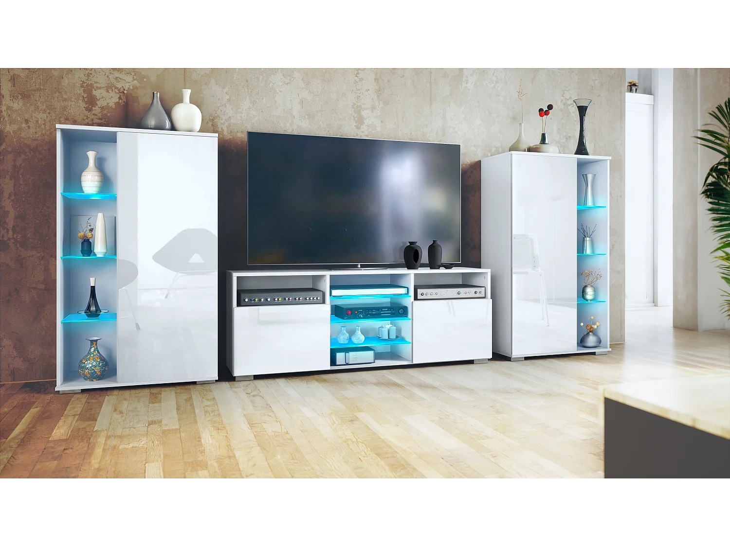 Ensemble mural Davos pour salon, comprenant 2 vitrines et 1 meuble TV, blanc mat/blanc haute brillance éclairage LED inclus (329 x 134 x 35 cm)