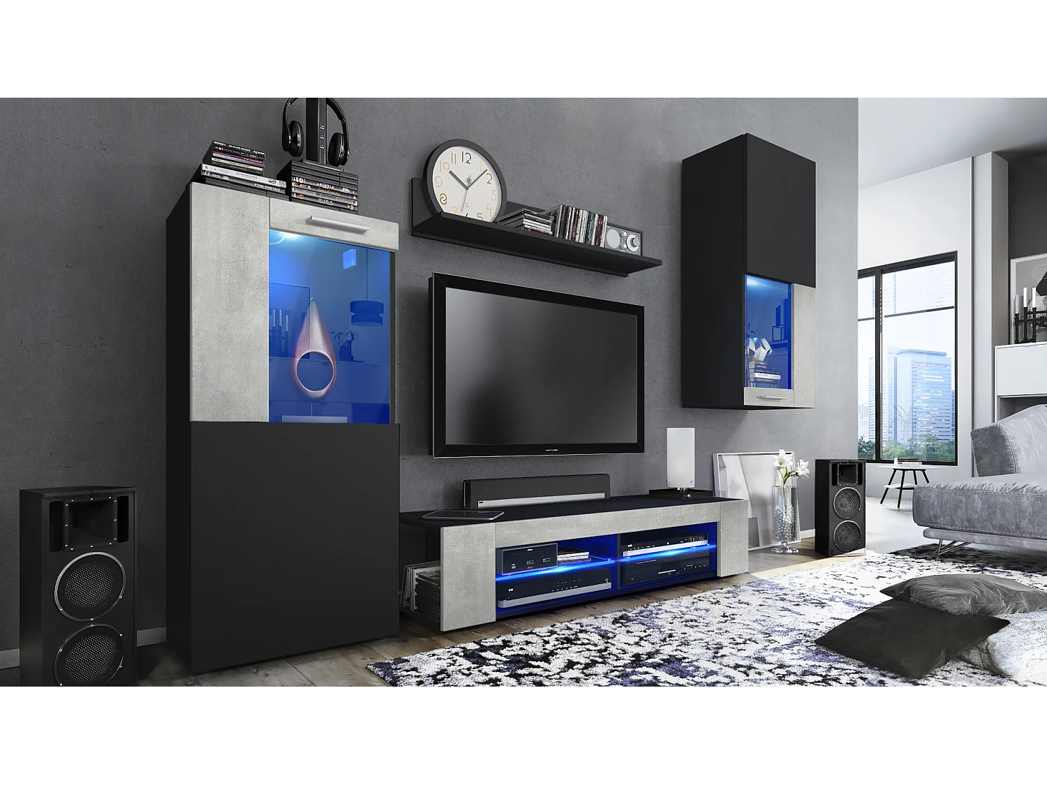 Ensemble de salon Movie comprenant 1 meuble bas TV, 2 vitrines et 1 étagère, Noir mat/Aspect Béton Oxyde, (Dimensions totales : 300 x 190 x 39 cm)