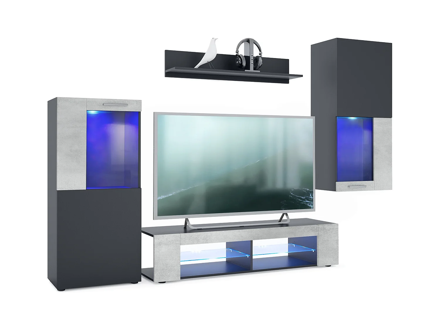 Ensemble de salon Movie comprenant 1 meuble bas TV, 2 vitrines et 1 étagère, Noir mat/Aspect Béton Oxyde, (Dimensions totales : 300 x 190 x 39 cm)