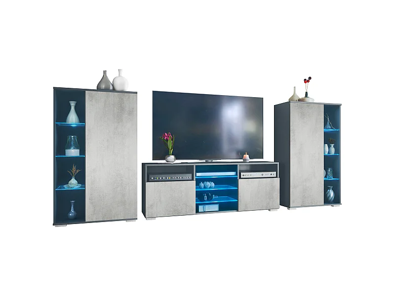 Ensemble mural Davos pour salon, comprenant 2 vitrines et 1 meuble TV, anthracite mat/aspect béton oxyde éclairage LED inclus (329 x 134 x 35 cm)