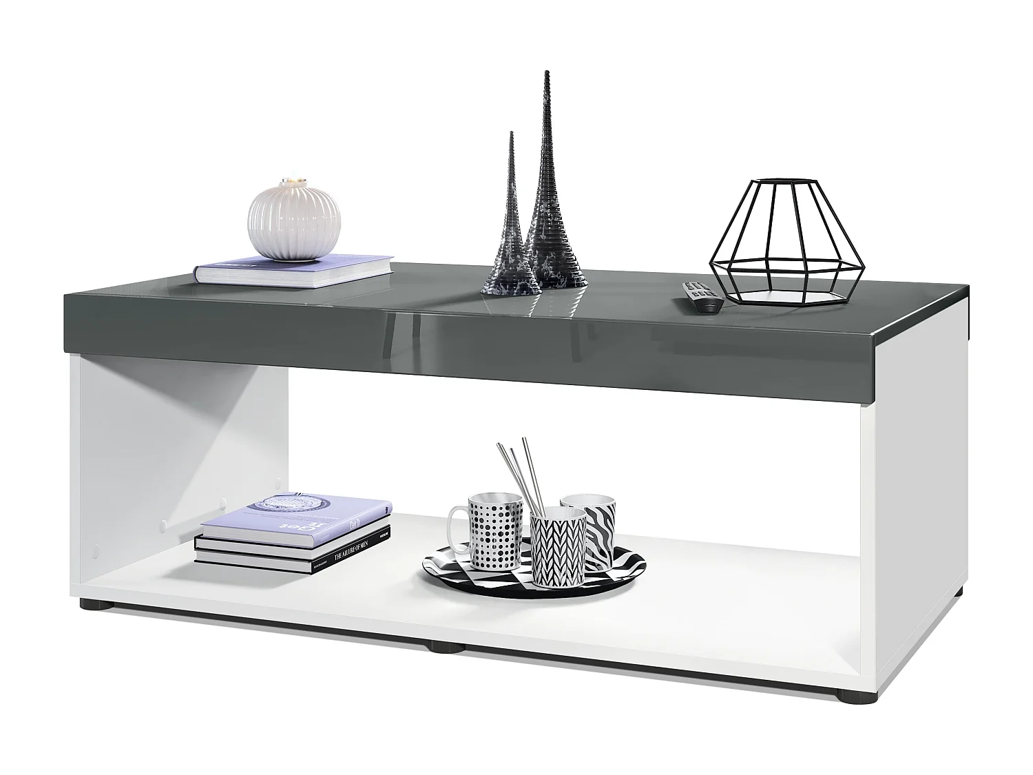 Table de salon Pure, Table basse rectangulaire, Blanc mat/Gris haute brillance (104 x 40,5 x 58 cm)