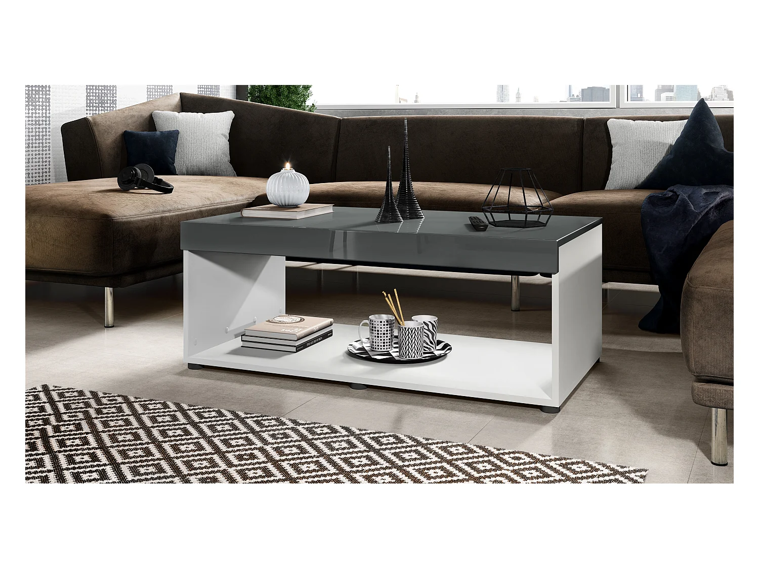 Table de salon Pure, Table basse rectangulaire, Blanc mat/Gris haute brillance (104 x 40,5 x 58 cm)