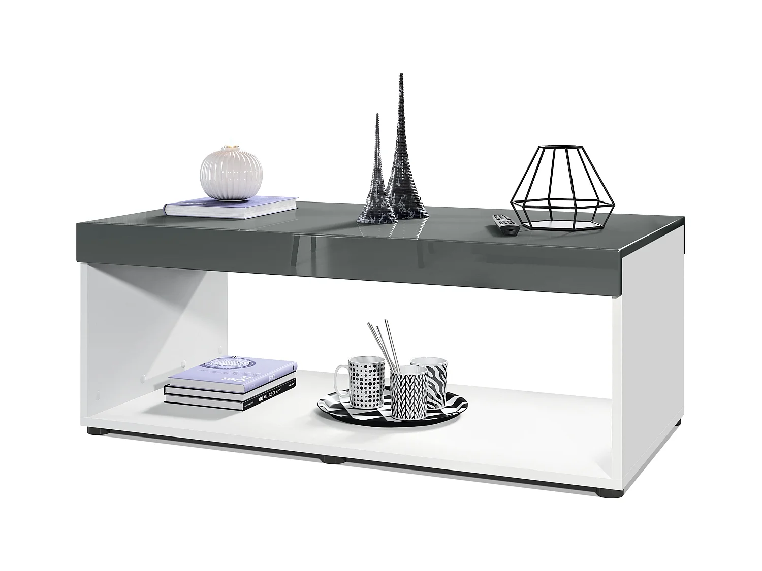 Table de salon Pure, Table basse rectangulaire, Blanc mat/Gris haute brillance (104 x 40,5 x 58 cm)