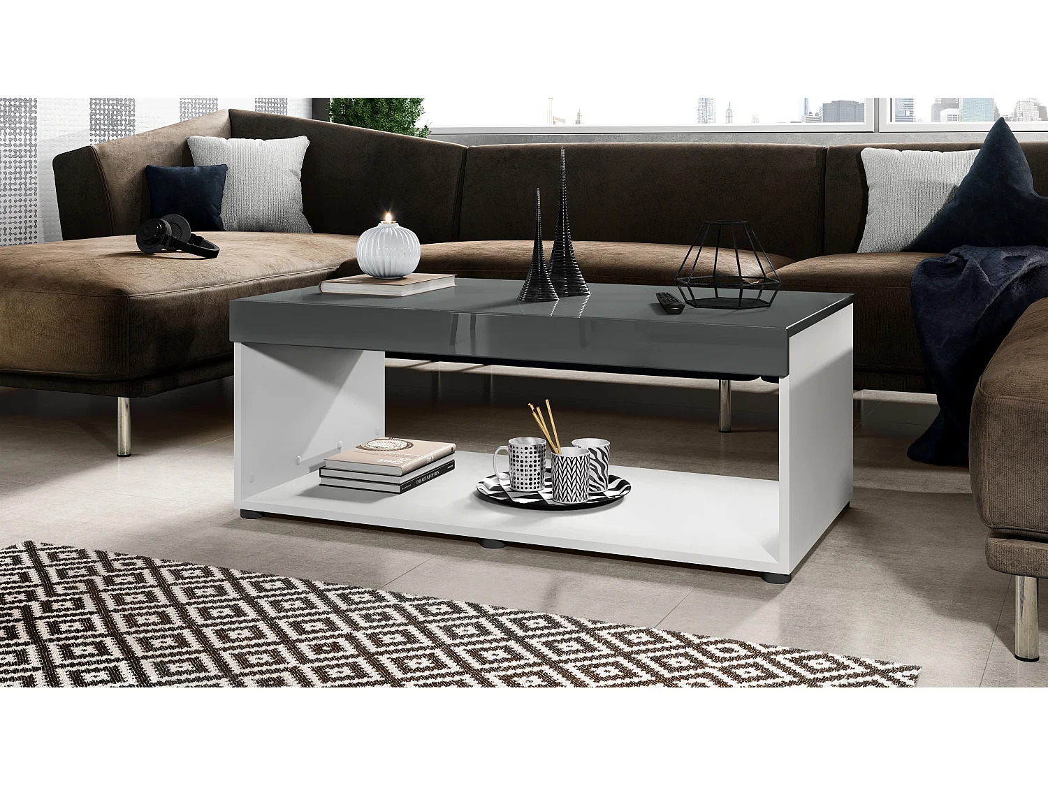 Tavolino  Pure, Tavolo da soggiorno a forma di scatola, bianco opaco/grigio lucido (104 x 40,5 x 58 cm)