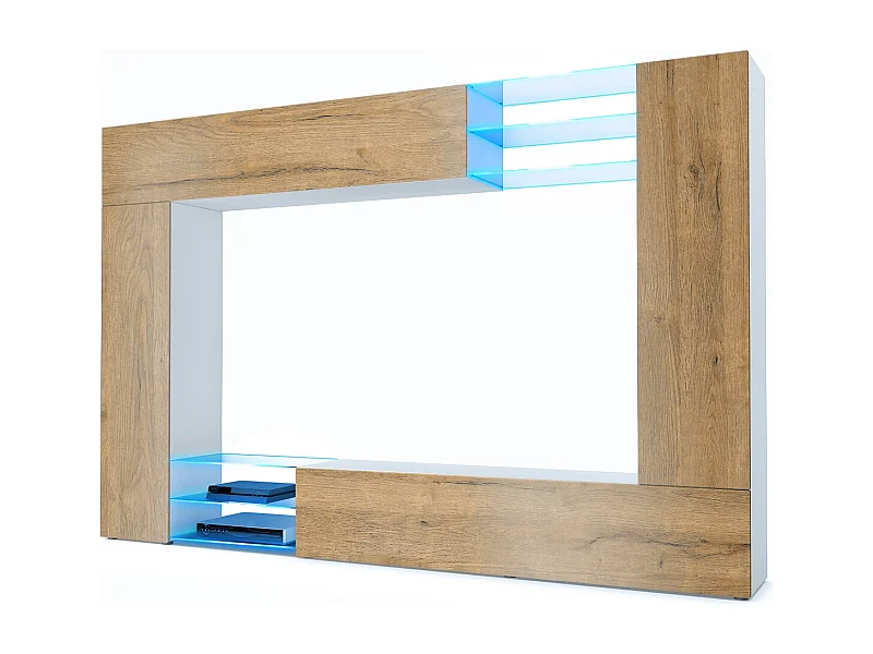 Meuble TV mural Mirage, Ensemble étagère TV et 2 portes, 2 clapets et 6 étagères en verre, Blanc mat/Chêne Nature, éclairage LED inclus (262 x 183 x 39 cm)
