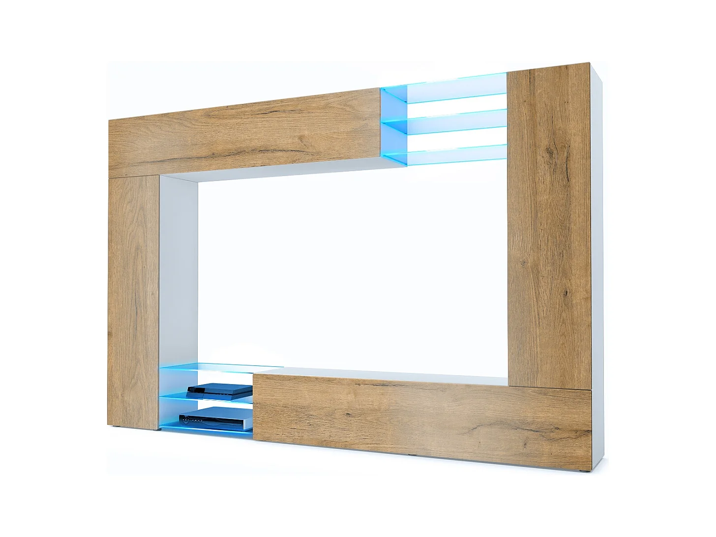 Meuble TV mural Mirage, Ensemble étagère TV et 2 portes, 2 clapets et 6 étagères en verre, Blanc mat/Chêne Nature, éclairage LED inclus (262 x 183 x 39 cm)