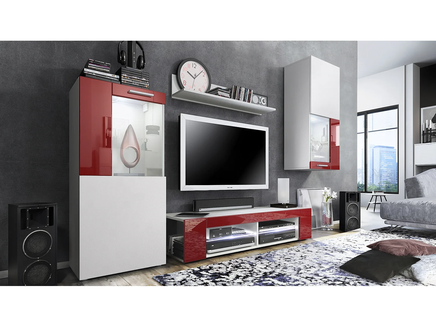 Ensemble de salon Movie comprenant 1 meuble bas TV, 2 vitrines et 1 étagère, Blanc mat/Bordeaux haute brillance, (Dimensions totales : 300 x 190 x 39 cm)