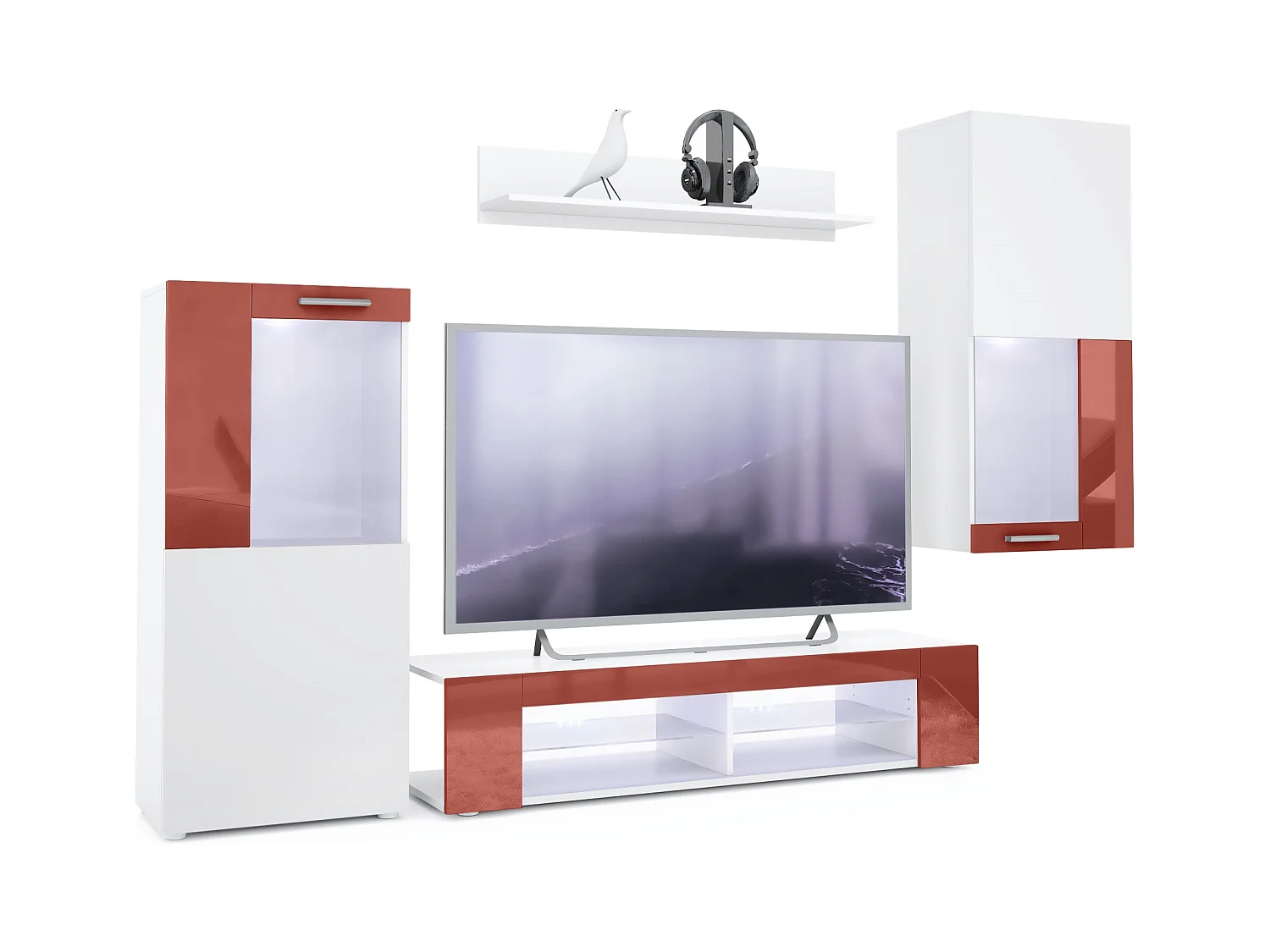 Ensemble de salon Movie comprenant 1 meuble bas TV, 2 vitrines et 1 étagère, Blanc mat/Bordeaux haute brillance, (Dimensions totales : 300 x 190 x 39 cm)