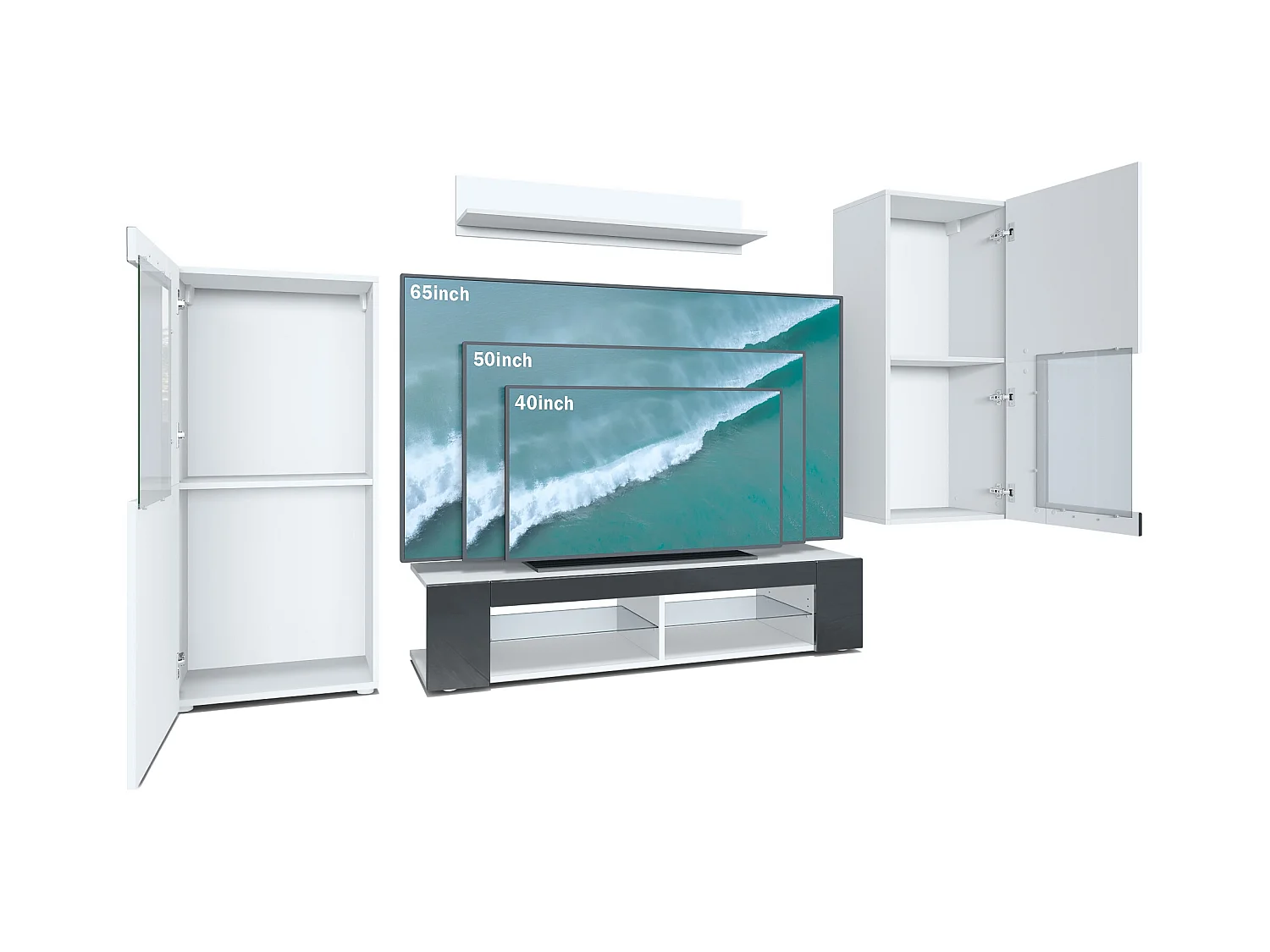 Ensemble de salon Movie comprenant 1 meuble bas TV, 2 vitrines et 1 étagère, Blanc mat/Bordeaux haute brillance, (Dimensions totales : 300 x 190 x 39 cm)