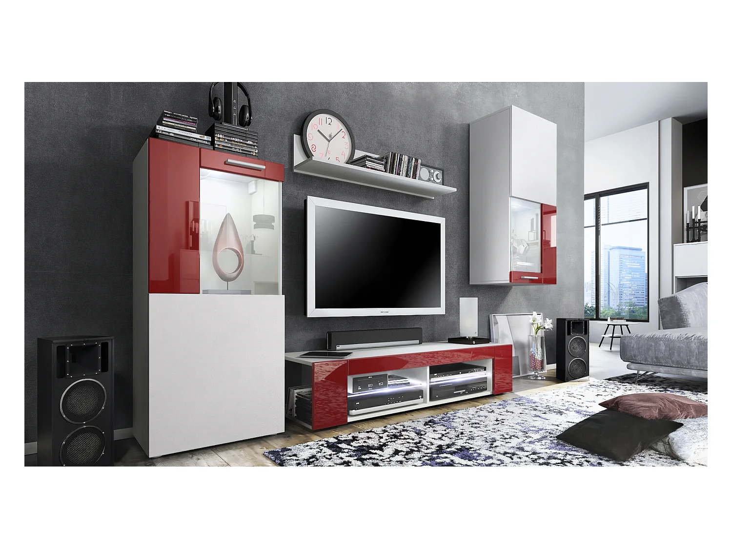 Ensemble de salon Movie comprenant 1 meuble bas TV, 2 vitrines et 1 étagère, Blanc mat/Bordeaux haute brillance, (Dimensions totales : 300 x 190 x 39 cm)