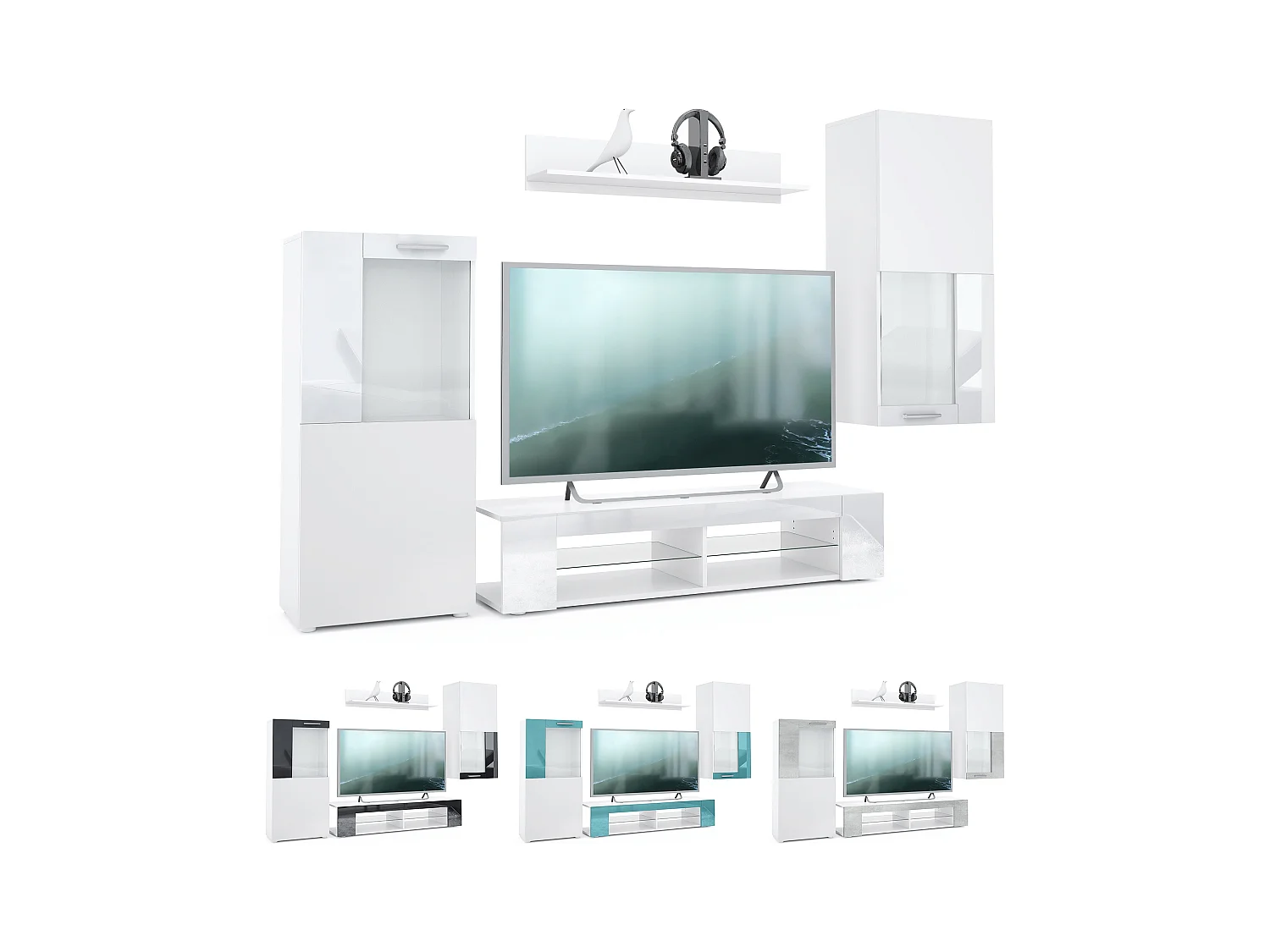 Ensemble de salon Movie comprenant 1 meuble bas TV, 2 vitrines et 1 étagère, Blanc mat/Bordeaux haute brillance, (Dimensions totales : 300 x 190 x 39 cm)