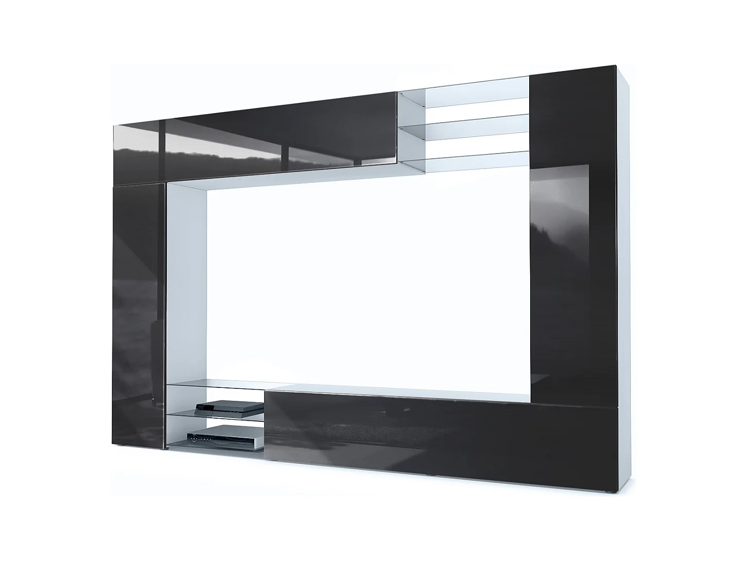 Meuble TV mural Mirage, Ensemble étagère TV avec panneau arrière et 2 portes, 2 clapets et 6 étagères en verre, Blanc mat/Noir brillant (262 x 183 x 39 cm)