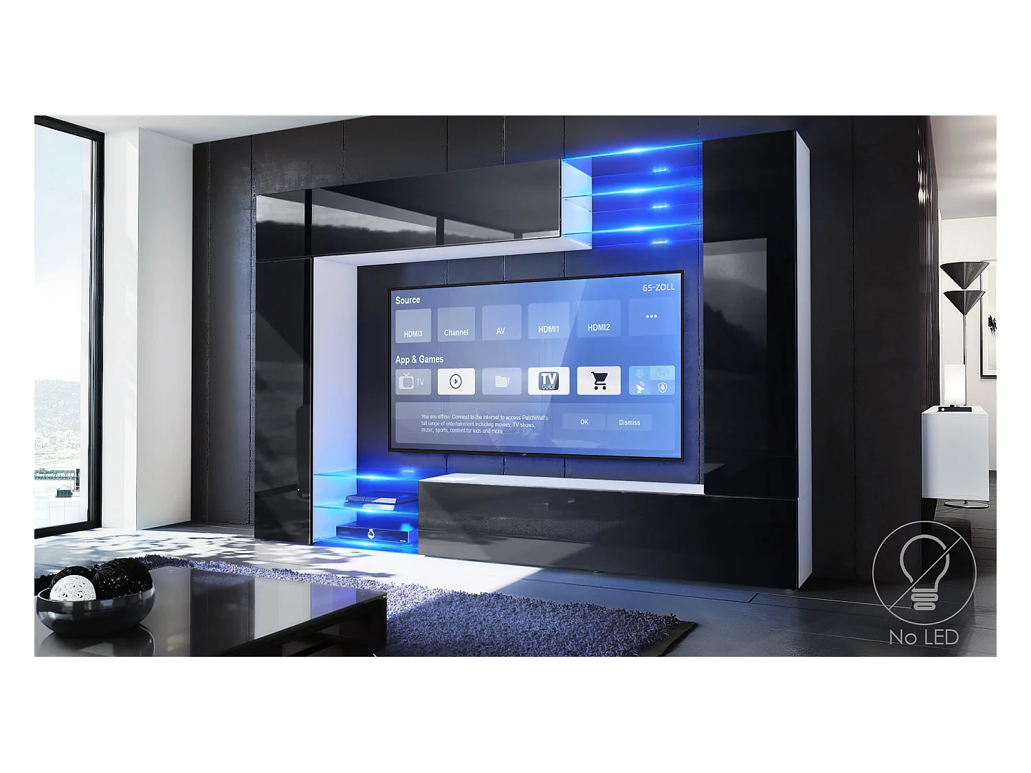 Meuble TV mural Mirage, Ensemble étagère TV avec panneau arrière et 2 portes, 2 clapets et 6 étagères en verre, Blanc mat/Noir brillant (262 x 183 x 39 cm)