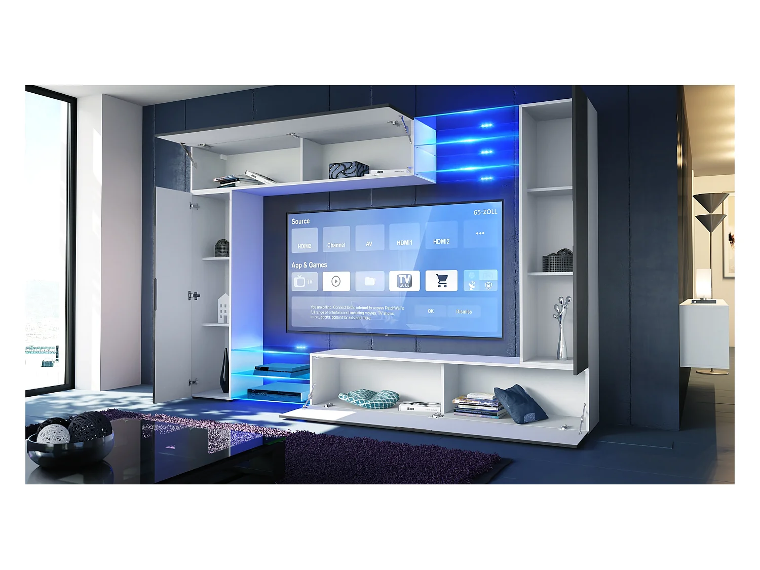 Meuble TV mural Mirage, Ensemble étagère TV avec panneau arrière et 2 portes, 2 clapets et 6 étagères en verre, Blanc mat/Noir brillant (262 x 183 x 39 cm)