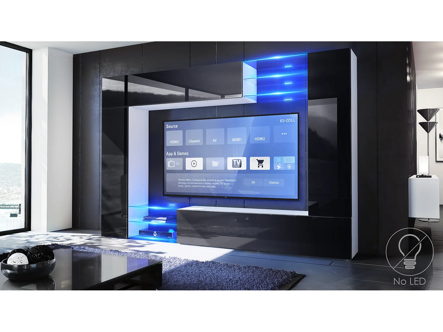 Set da soggiorno  Mirage, Parete attrezzata con 2 ante, 2 ante a ribalta e 6 ripiani a giorno in vetro, bianco opaco/nero lucido (262 x 183 x 39 cm)