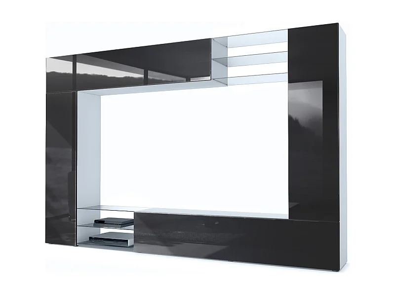 Meuble TV mural Mirage, Ensemble étagère TV avec panneau arrière et 2 portes, 2 clapets et 6 étagères en verre, Blanc mat/Noir brillant (262 x 183 x 39 cm)