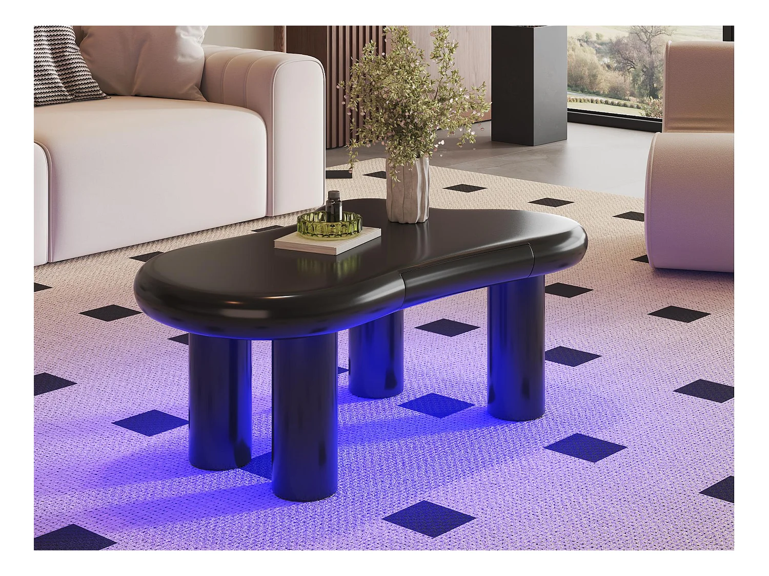 Table basse 98x65.5x40 cm - forme nuage - 1 tiroir - avec éclairage LED - noir