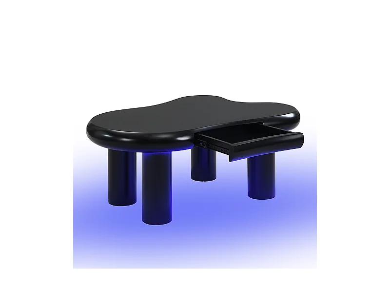 Table basse 98x65.5x40 cm - forme nuage - 1 tiroir - avec éclairage LED - noir