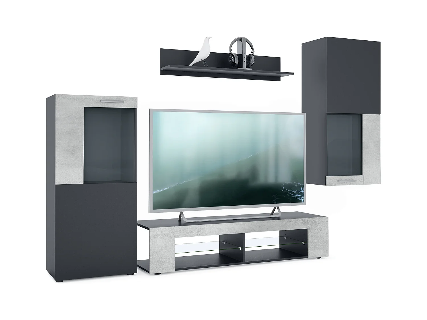 Ensemble de salon Movie comprenant 1 meuble bas TV, 2 vitrines et 1 étagère, Noir mat/Aspect Béton Oxyde, (Dimensions totales : 300 x 190 x 39 cm)