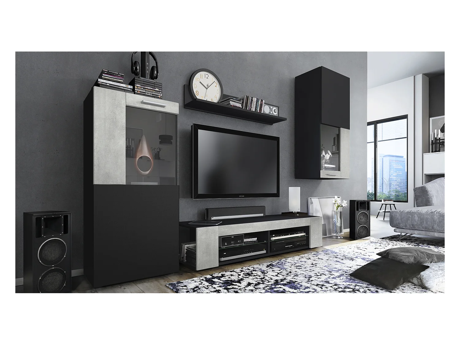 Ensemble de salon Movie comprenant 1 meuble bas TV, 2 vitrines et 1 étagère, Noir mat/Aspect Béton Oxyde, (Dimensions totales : 300 x 190 x 39 cm)