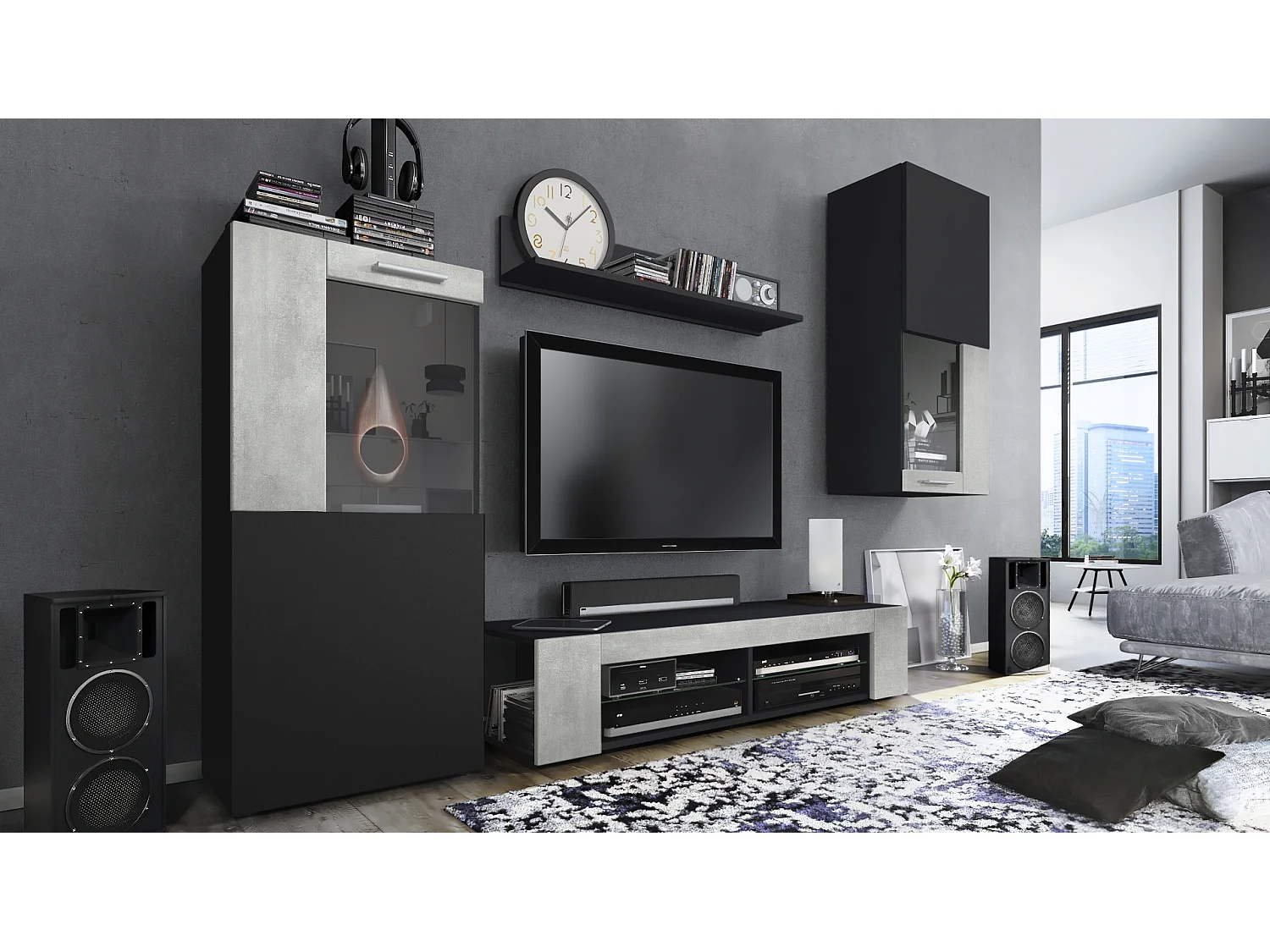 Ensemble de salon Movie comprenant 1 meuble bas TV, 2 vitrines et 1 étagère, Noir mat/Aspect Béton Oxyde, (Dimensions totales : 300 x 190 x 39 cm)