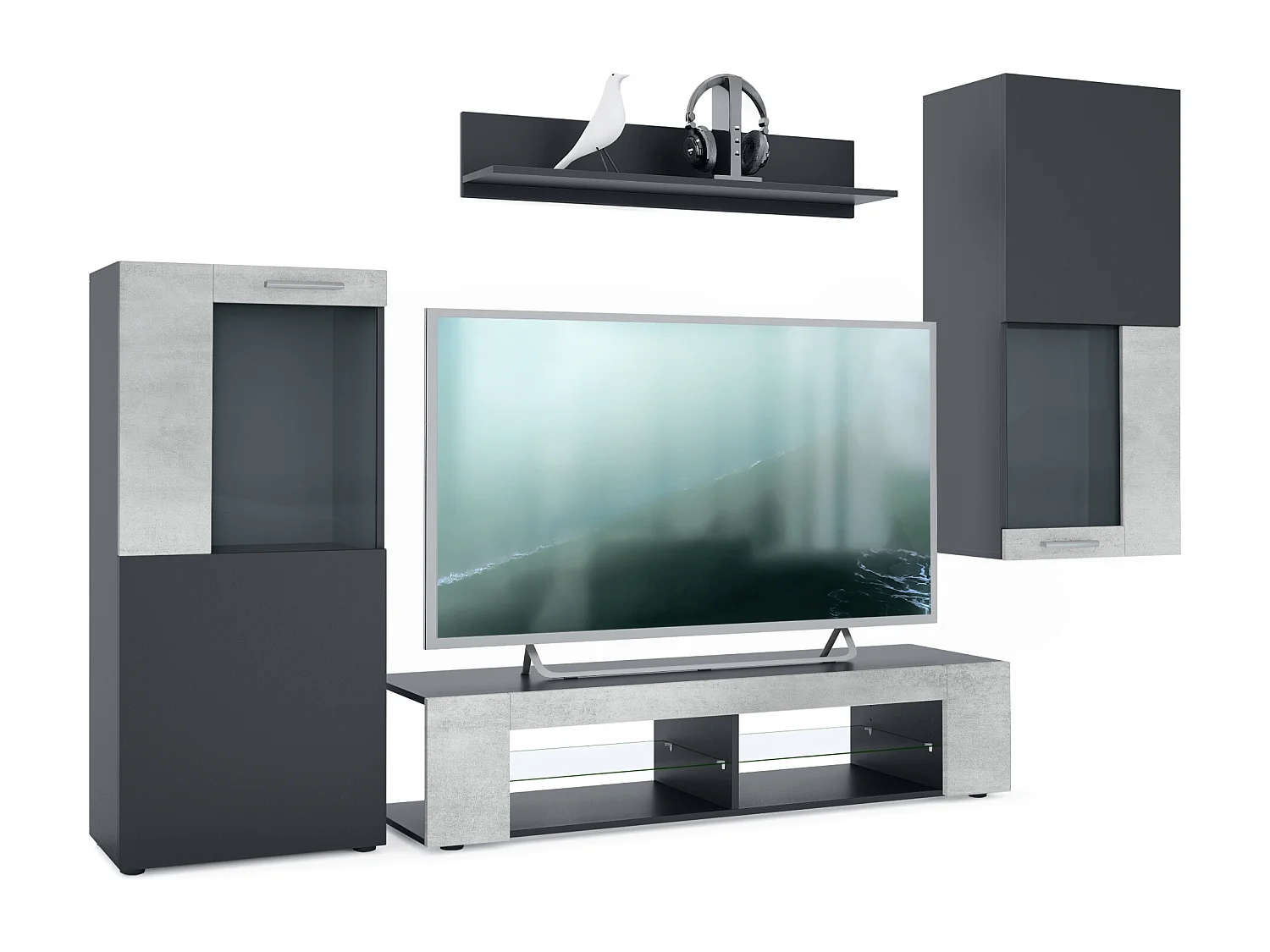 Ensemble de salon Movie comprenant 1 meuble bas TV, 2 vitrines et 1 étagère, Noir mat/Aspect Béton Oxyde, (Dimensions totales : 300 x 190 x 39 cm)