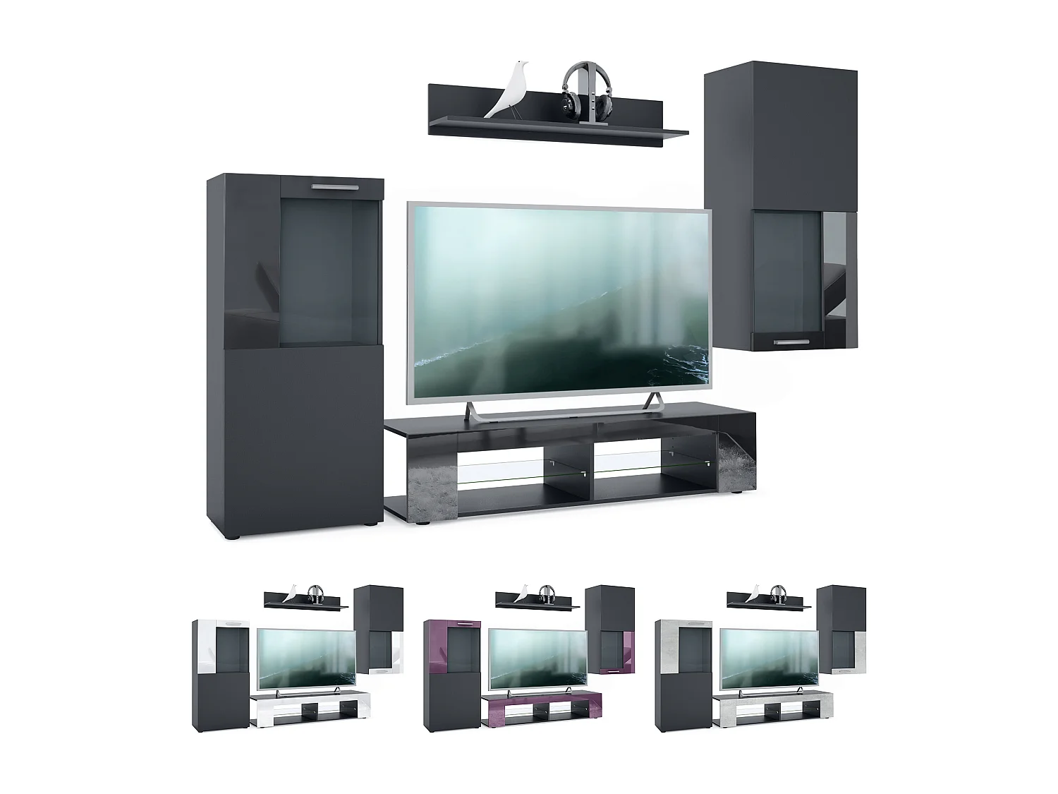 Ensemble de salon Movie comprenant 1 meuble bas TV, 2 vitrines et 1 étagère, Noir mat/Aspect Béton Oxyde, (Dimensions totales : 300 x 190 x 39 cm)