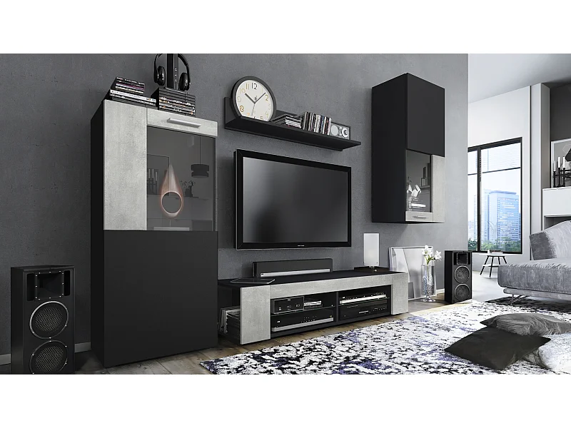Ensemble de salon Movie comprenant 1 meuble bas TV, 2 vitrines et 1 étagère, Noir mat/Aspect Béton Oxyde, (Dimensions totales : 300 x 190 x 39 cm)