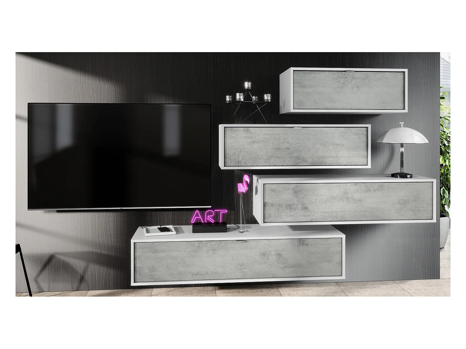 Unité murale Lana V3 composée de 4 unités murales à 10 compartiments, caisson en Blanc mat, façades en Aspect Béton Oxyde