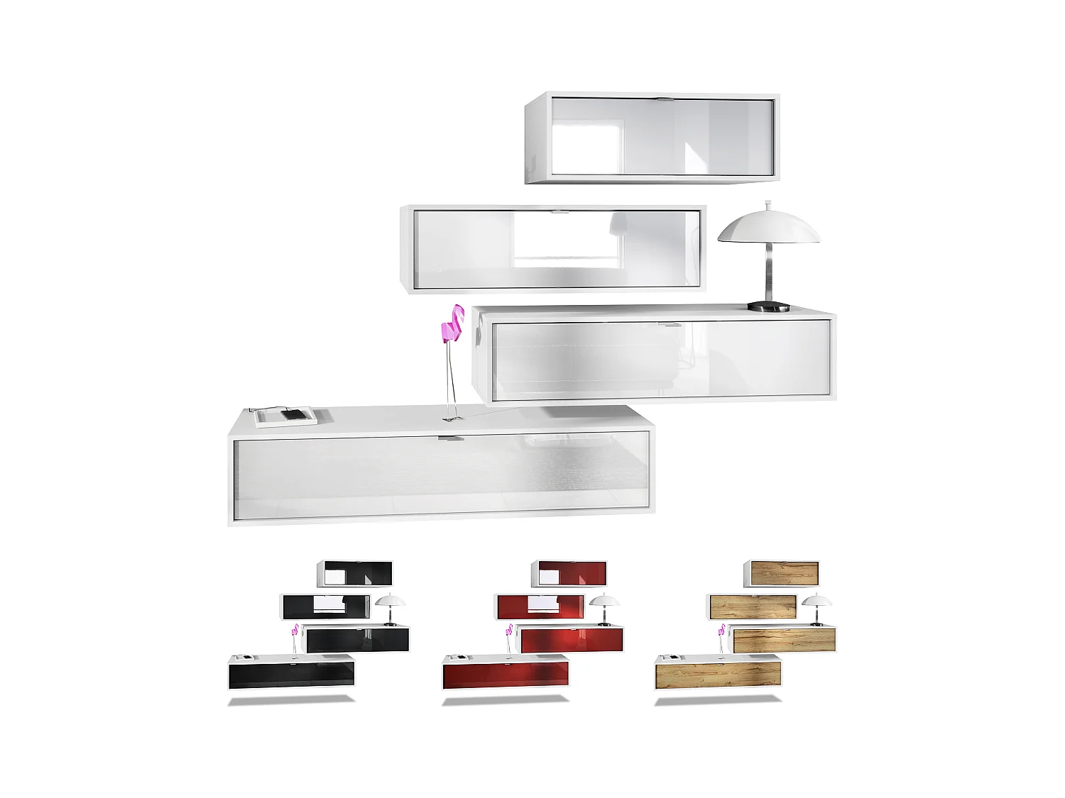 Unité murale Lana V3 composée de 4 unités murales à 10 compartiments, caisson en Blanc mat, façades en Aspect Béton Oxyde