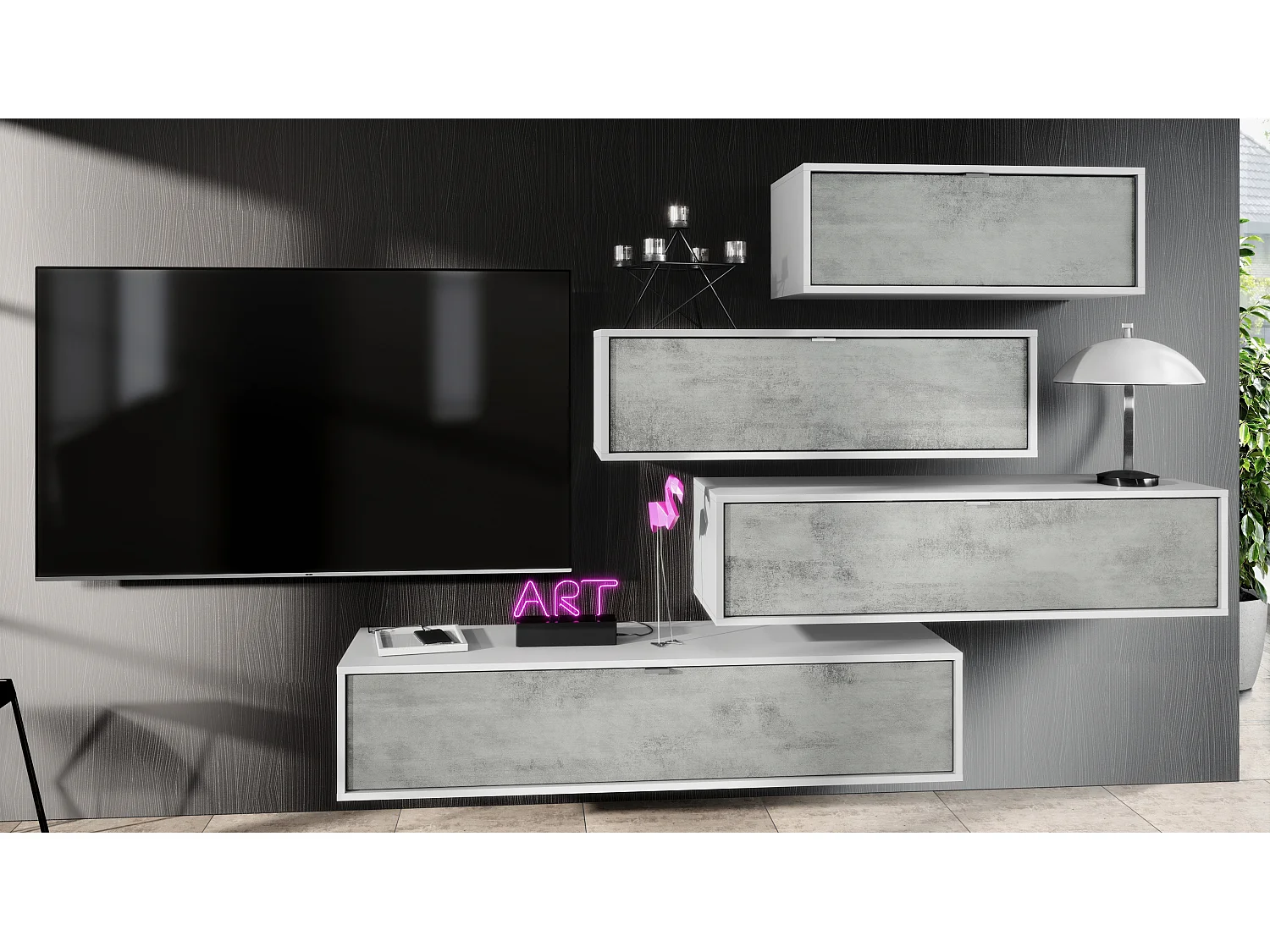 Unité murale Lana V3 composée de 4 unités murales à 10 compartiments, caisson en Blanc mat, façades en Aspect Béton Oxyde