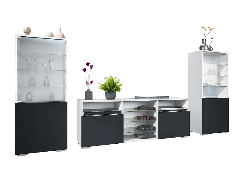 Mobile parete Granada per soggiorno, composto da 2 vetrine e 1 mobile TV, bianco opaco/nero opaco (286 x 122,5 x 35 cm)