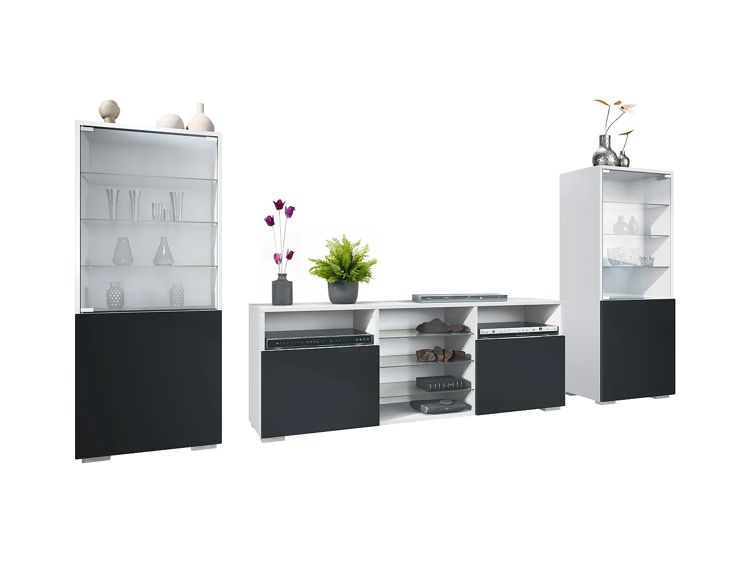 Ensemble mural Granada pour salon, comprenant 2 vitrines et 1 meuble TV, blanc mat/noir mat (286 x 122,5 x 35 cm)