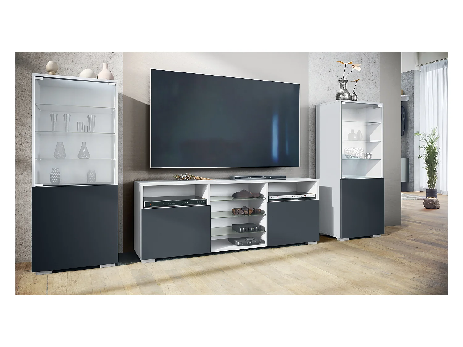Ensemble mural Granada pour salon, comprenant 2 vitrines et 1 meuble TV, blanc mat/noir mat (286 x 122,5 x 35 cm)