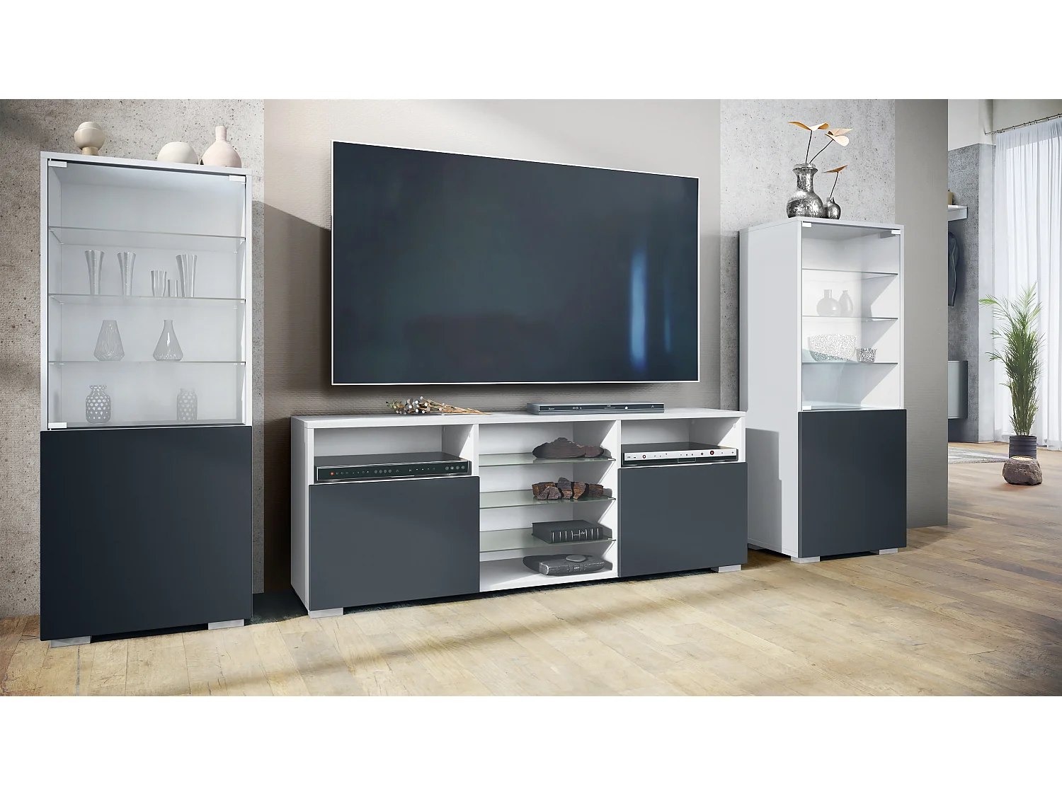 Ensemble mural Granada pour salon, comprenant 2 vitrines et 1 meuble TV, blanc mat/noir mat (286 x 122,5 x 35 cm)