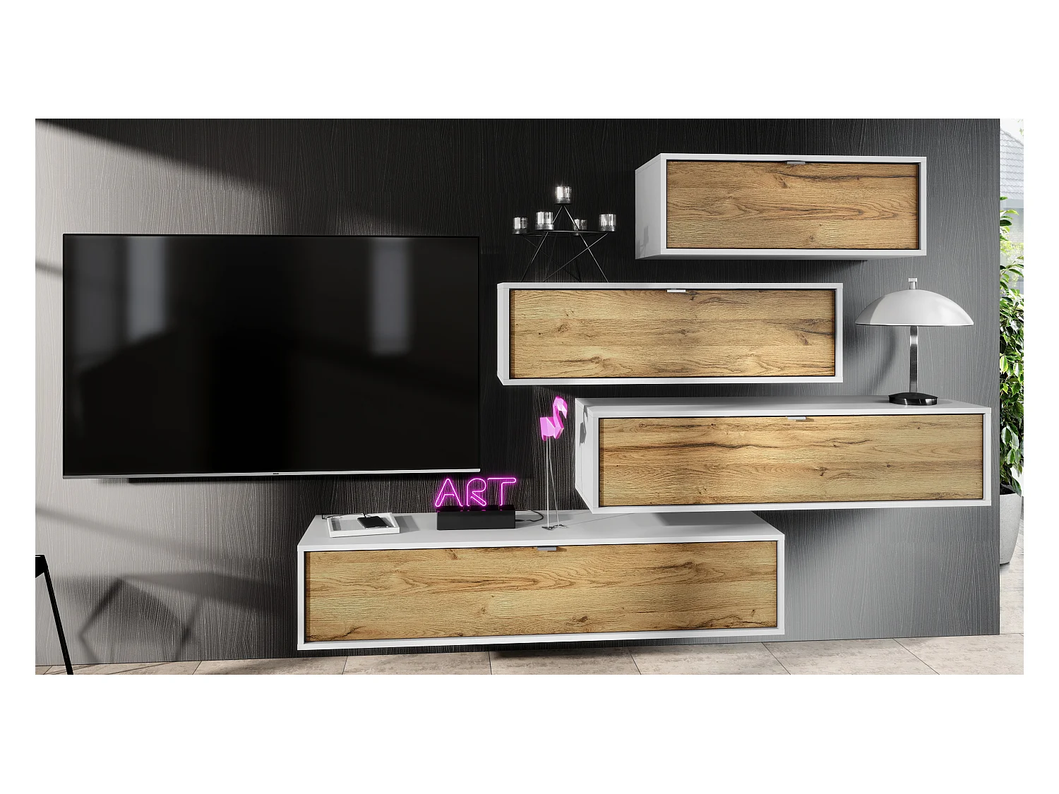 Unité murale Lana V3 composée de 4 unités murales à 10 compartiments, caisson en Blanc mat, façades en Chêne Nature